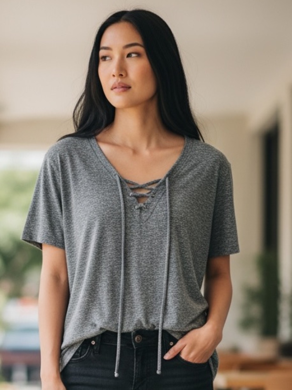 Gray Lace-Up T-Shirt